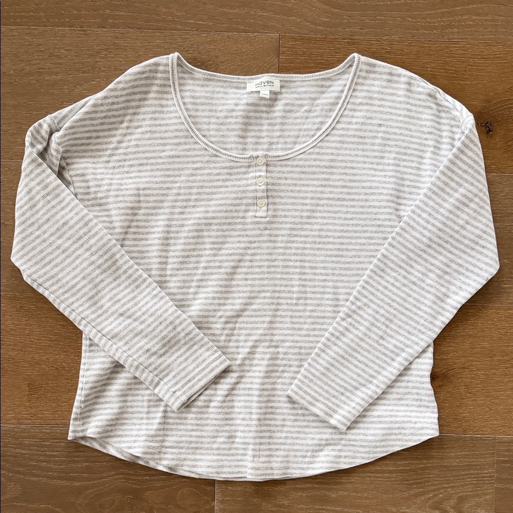 Talbots Haven Well Within Gray and White Striped Henley Top | L